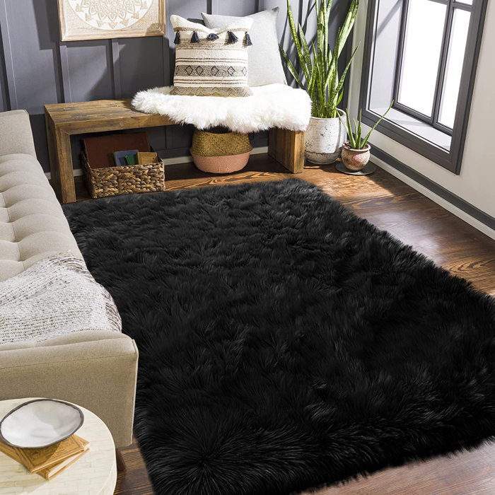 Everly Quinn Mamdouh Handmade Faux Sheepskin Black Rug & Reviews Wayfair